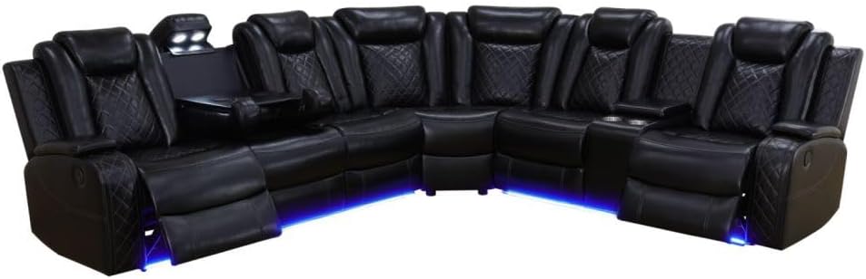 Reclining Sectional, Power Sectional Couch, Leather Sofa Set for Living Room, Comfy Home Theater Seating with USB 2.0 Charging Ports, LED Light Strips, Fold-Down Table & Cupholders (Black, 3-Piece)