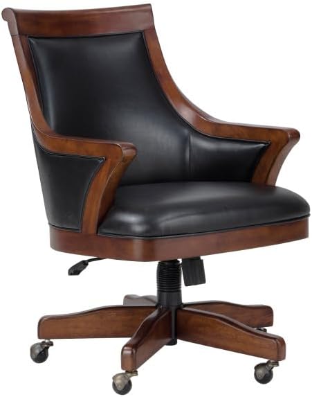Howard Miller Smoot Club Chair II - Wooden Finish, Black Faux Leather Cushioned Retro Seat, Weight Capacity for Kitchen, Living Room, Farm House Or Home Decor with Ball Caster Legs