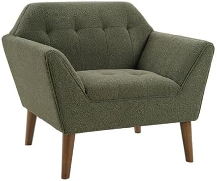 Ink+Ivy Newport Wide Mid-Century Modern Lounge Chair Hand-Tufted Velvet Upholstered Accent Armchair with Solid Wood Pecan Legs for Living Room Bedroom Reading