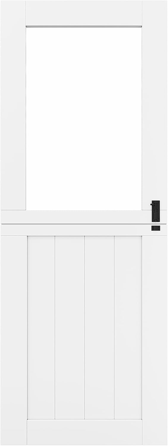 32'x 80' Pantry Door, Pre-Assembled Dutch Door Slab, French Interior White Solid Wood Core with Clear Glass Panel, 4 Hinges & Latch Included, Pocket Barn Doors for Living Room, Closet & Back Porch