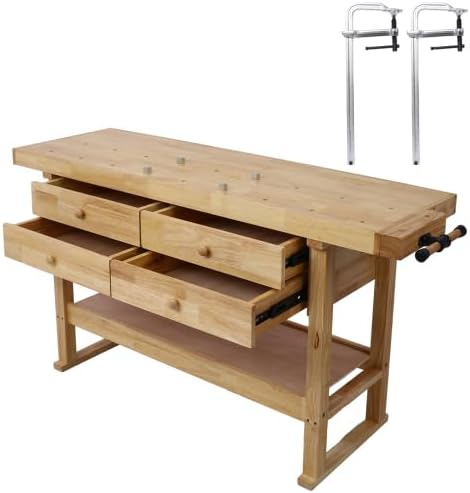 【LuckyNote】60in Workbench with 4 Drawers Wooden Workbench for Garage Workshop and Home, with Bar Clamps Set (16 inch x 4-3/4 inch Throat,Pack of 2)The package will be shipped in two separate parcels