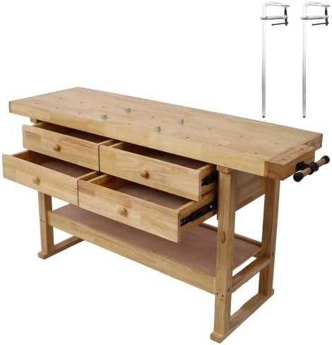 【LuckyNote】60in Workbench with 4 Drawers Wooden Workbench for Garage Workshop and Home, with Bar Clamps Set (24 inch x 4-3/4 inch Throat,Pack of 2)The package will be shipped in two separate parcels