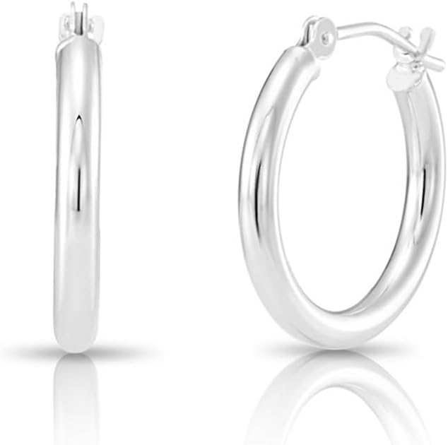 Classic 10K White Gold Hoop Earrings - Shiny Polished Plain Round Gold Hoops for Women and Men