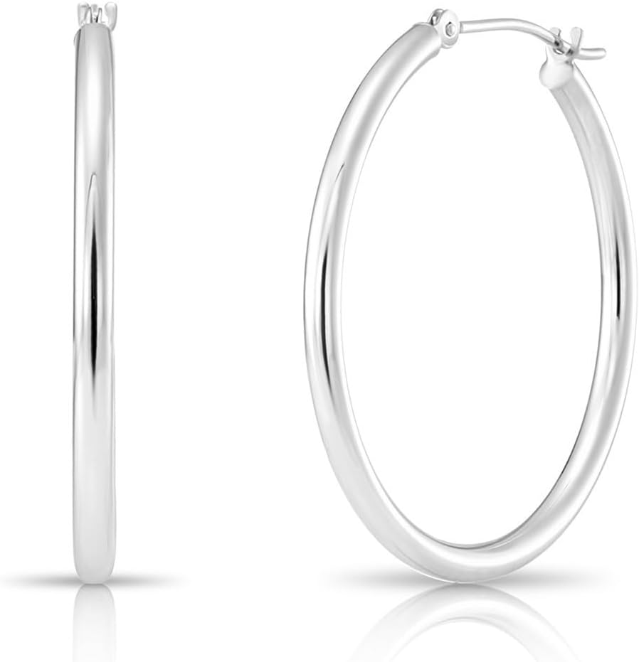 Classic 10K White Gold Hoop Earrings - Shiny Polished Plain Round Gold Hoops for Women and Men
