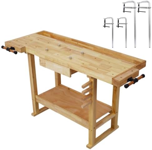 【LuckyNote】 55-Inch Wood Workbench - Wooden Workbench for Garage Workshop and Home,with Bar Clamps Set (2 pcs 12 inch x 3inch+2pcs 20inchx4-3/4,4pcs Pack) Will be Shipped in Two Separate parcels