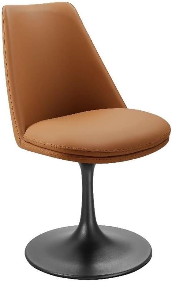 Modway Lippa Faux Leather Swivel Dining Side Chair in Black Tan - Armless Vegan Leather Accent Chair with Pedestal Base - 360° Rotating Office Chair with No Wheels
