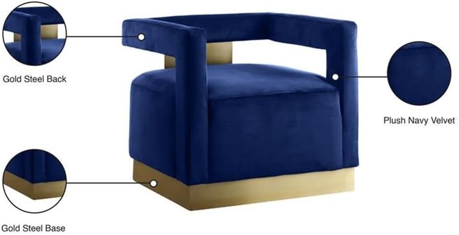 Meridian Furniture Armani Collection Modern | Contemporary Velvet Upholstered Accent Chair with Sturdy Steel Base and Back in Gold Finish, 31.5' W x 28' D x 28' H, Navy