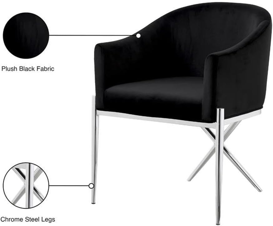 Meridian Furniture Xavier Collection Modern | Contemporary Velvet Upholstered Dining Chair with Sturdy Steel X Shaped Legs, 25.5' W x 24.5' D x 31.5' H, Black