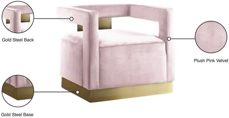 Meridian Furniture 597Pink Armani Collection Modern | Contemporary Velvet Upholstered Accent Chair with Sturdy Steel Base and Back in Gold Finish, 31.5' W x 28' D x 28' H, Pink