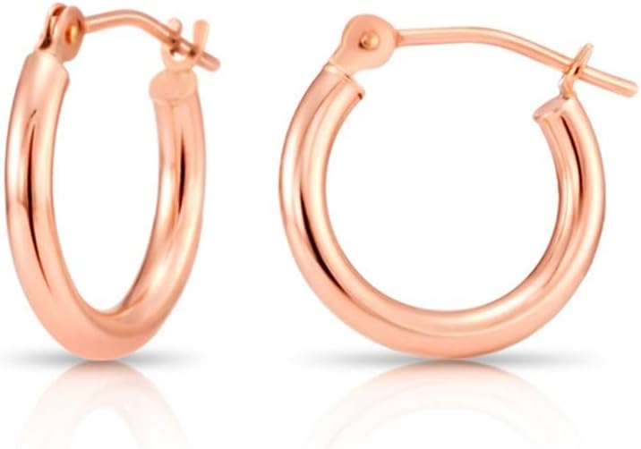 14K Rose Gold Classic Shiny Polished Round Hoop Earrings, 2mm tube