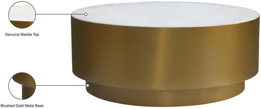 Meridian Furniture 209-C Presley Collection Modern | Contemporary Genuine Marble Top Coffee Table with Brushed Gold Metal Base, Gold, 36' W x 36' D x 16.5' H