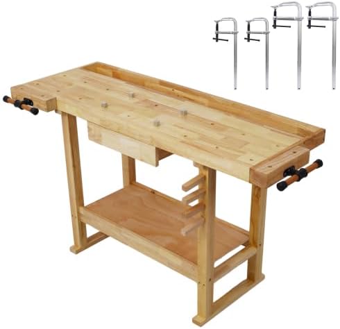 【LuckyNote】 55-Inch Wood Workbench - Wooden Workbench for Garage Workshop and Home,with Bar Clamps Set (2 pcs 12 inch x 3inch+2pcs 16inchx4-3/4,4pcs Pack) Will be Shipped in Two Separate parcels