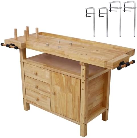 【LuckyNote】 Wood Workbench - Wooden Workbench for Garage Workshop and Home, with Bar Clamps Set (2 pcs 12 inch x 3inch+2pcs 16inchx4-3/4,4pcs Pack) The Package Will be Shipped in Two Separate parcels