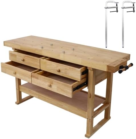 【LuckyNote】60in Workbench with 4 Drawers Wooden Workbench for Garage Workshop and Home, with Bar Clamps Set (20 inch x 4-3/4 inch Throat,Pack of 2)The package will be shipped in two separate parcels