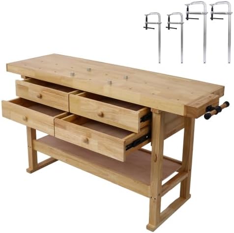 【LuckyNote】 60in Workbench with 4 Drawers Wooden Workbench for Garage Workshop and Home, with Bar Clamps Set (2 pcs 12 inch x 3inch+2pcs 16inchx4-3/4,4pcs Pack) be Shipped in Two Separate parcels