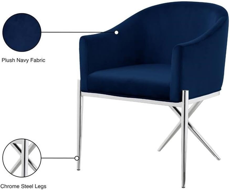 Meridian Furniture Xavier Collection Modern | Contemporary Velvet Upholstered Dining Chair with Sturdy Steel X Shaped Legs, 25.5' W x 24.5' D x 31.5' H, Navy