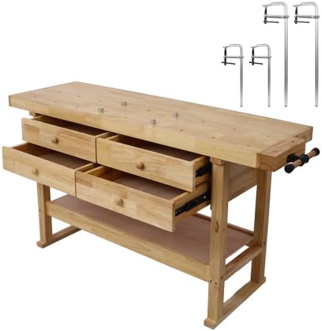 【LuckyNote】 60in Workbench with 4 Drawers Wooden Workbench for Garage Workshop and Home, with Bar Clamps Set (2 pcs 12 inch x 3inch+2pcs 24inchx4-3/4,4pcs Pack) be Shipped in Two Separate parcels