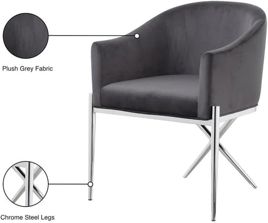 Meridian Furniture Xavier Collection Modern | Contemporary Velvet Upholstered Dining Chair with Sturdy Steel X Shaped Legs, 25.5' W x 24.5' D x 31.5' H, Grey