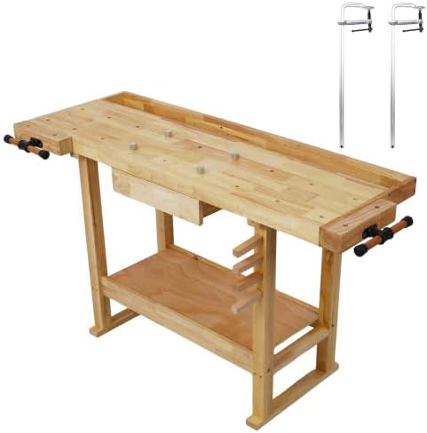 【LuckyNote】 55-Inch Wood Workbench - Wooden Workbench for Garage Workshop and Home,with Bar Clamps Set (24 inch x 4-3/4 inch Throat,Pack of 2) The Package Will be Shipped in Two Separate parcels