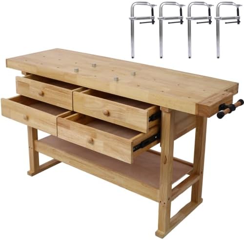 【LuckyNote】60in Workbench with 4 Drawers Wooden Workbench for Garage Workshop and Home, with Bar Clamps Set (12 inch x 4-3/4 inch Throat,Pack of 4)The package will be shipped in two separate parcels