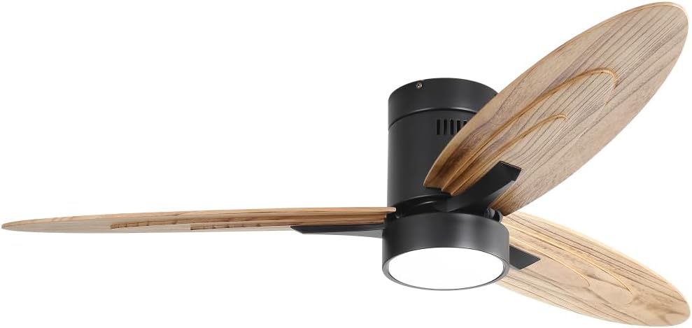56 Inch Modern Design Flush Mount Ceiling Fan with Light and Remote Control, 3 Solid Wood Blades Reversible DC Motor Black for Living Room