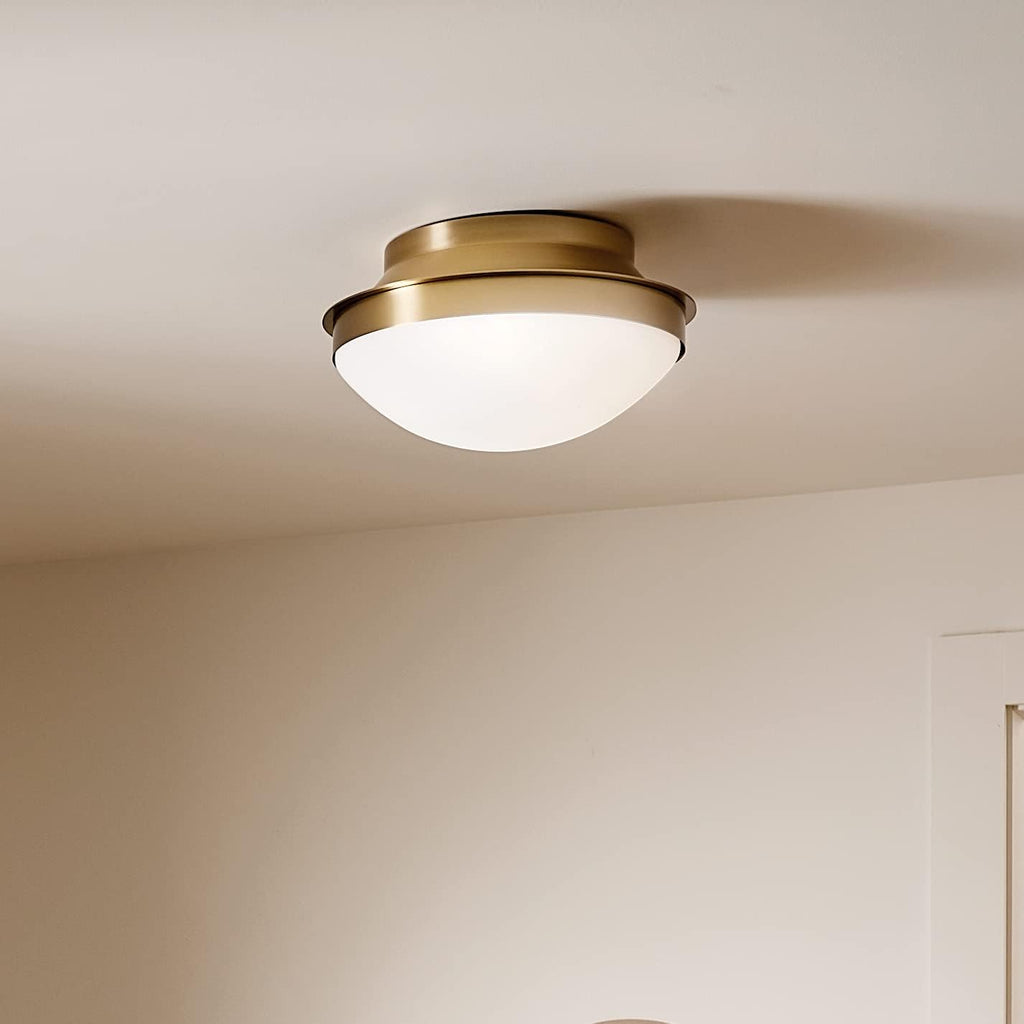Kichler Bretta 2 Light Flush Mount Ceiling Light in Brushed Natural Brass with Satin Etched Glass, (7.25' H x 13.5' Dia), 52544BNB