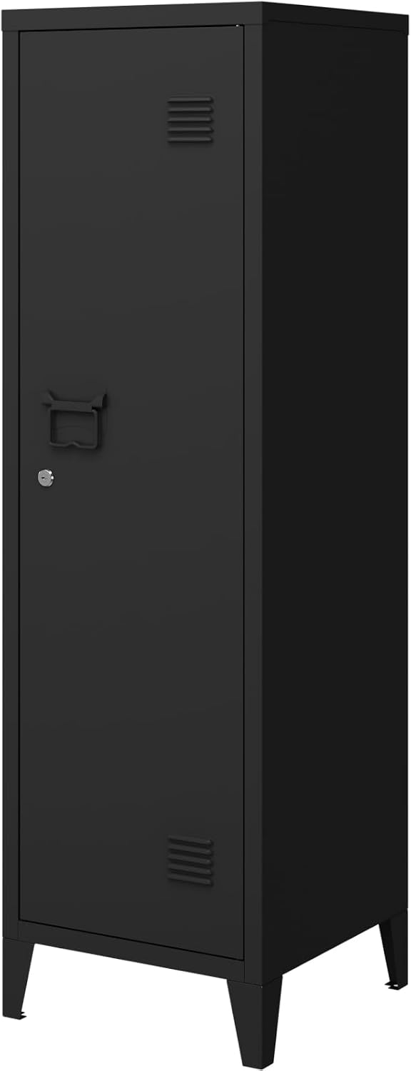 Locker Cabinet, 50' Black Small Metal Locker Storage Cabinet for Employees with Locking Door and 2 Shelves Kids Locker Tool File Cabinets for Bedroom, Home Office, Garage, Bathroom