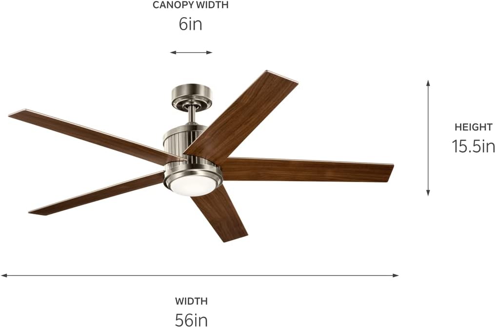Kichler Brahm 56 in LED Ceiling Fan with Light, 5 Blade Modern Indoor Fan with Etched Cased Opal Glass in Brushed Stainless Steel, Reversible Silver and Walnut Blades, 300044BSS