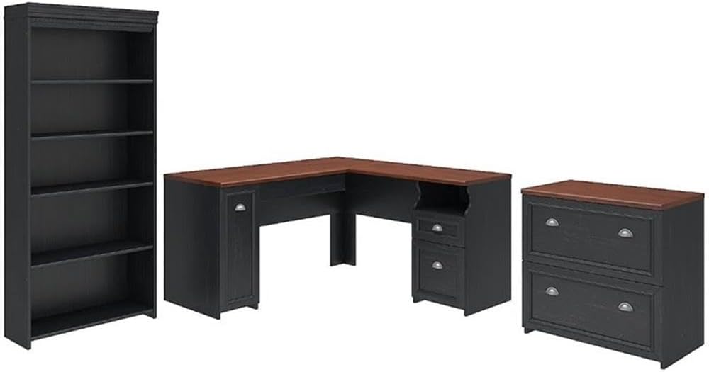 Bush Home Fairview 60W L Shaped Desk with Lateral File Cabinet and 5 Shelf Bookcase in Antique Black and Hansen Cherry
