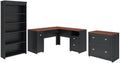 Bush Home Fairview 60W L Shaped Desk with Lateral File Cabinet and 5 Shelf Bookcase in Antique Black and Hansen Cherry