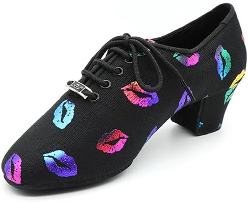 Women's Latin Dance Shoes Jazz Salsa Performance Oxford with Colorful Lip Print Pattern Professional Ballroom Dancing #T1-B