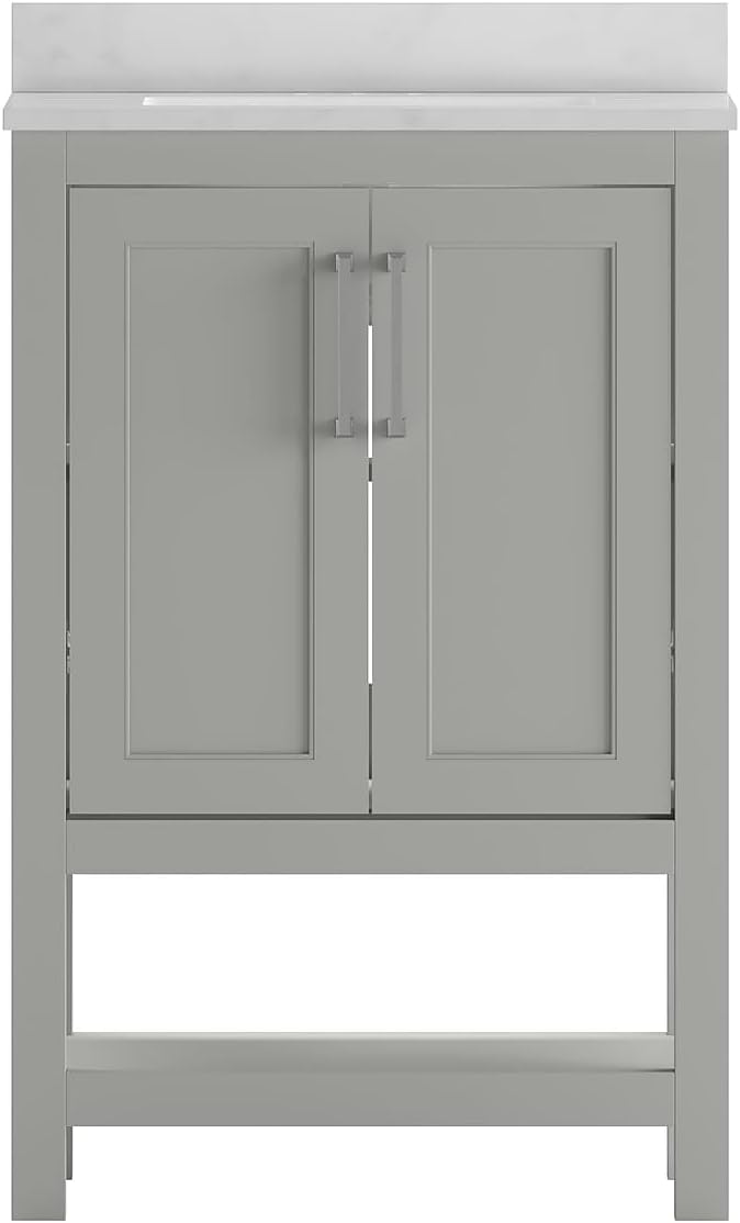 Flash Furniture Vega 24 Inch Bathroom Vanity with Sink Combo, Storage Cabinet with Soft Close Doors and Open Shelf, Carrara Marble Finish Countertop, Gray/White
