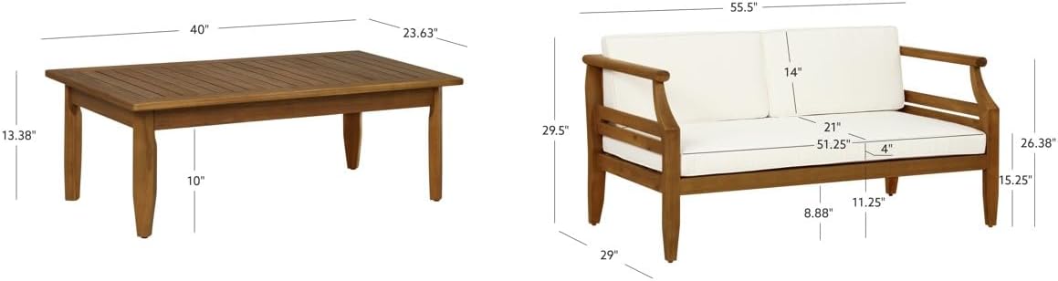 Linon Harbor Oiled Acacia Wood Two Piece Outdoor Set with Revmoable Cream Cushions Includes Loveseat and Coffee Table
