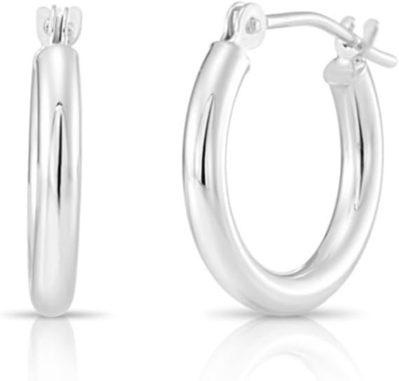 Classic 10K White Gold Hoop Earrings - Shiny Polished Plain Round Gold Hoops for Women and Men