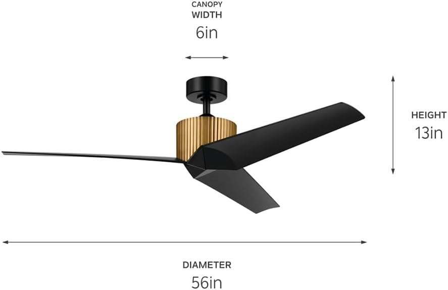 Kichler Almere 56 in 3 Blade Indoor Ceiling Fan without Light, Modern Natural Brass with Satin Black Blades for Living Room, Bedroom, Kitchen, 330130NBR