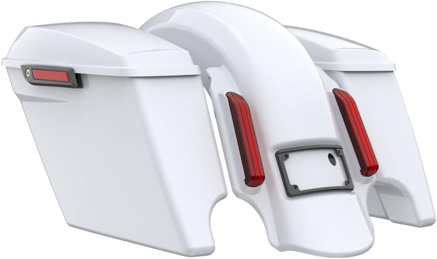 Advanblack Color Matched Stretched Bags, Lids Black Latch Hardware for '23-'24 Harley Touring CVO & 2024 Street Glide, Road Glide (White Onyx Pearl)