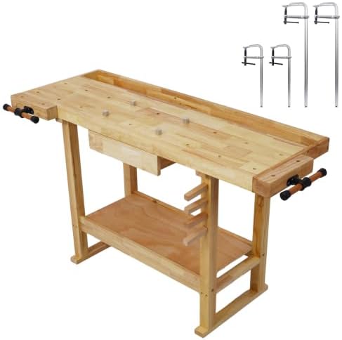 【LuckyNote】 55-Inch Wood Workbench - Wooden Workbench for Garage Workshop and Home,with Bar Clamps Set (2 pcs 12 inch x 3inch+2pcs 24inchx4-3/4,4pcs Pack) Will be Shipped in Two Separate parcels