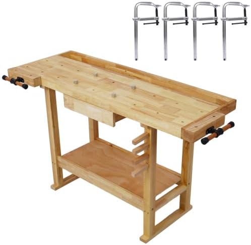 【LuckyNote】 55-Inch Wood Workbench - Wooden Workbench for Garage Workshop and Home,with Bar Clamps Set (12 inch x 4-3/4 inch Throat,Pack of 4) The Package Will be Shipped in Two Separate parcels
