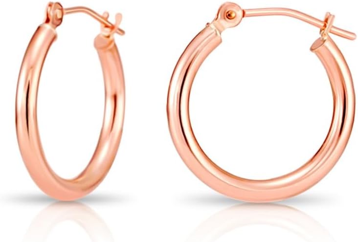 14K Rose Gold Classic Shiny Polished Round Hoop Earrings, 2mm tube