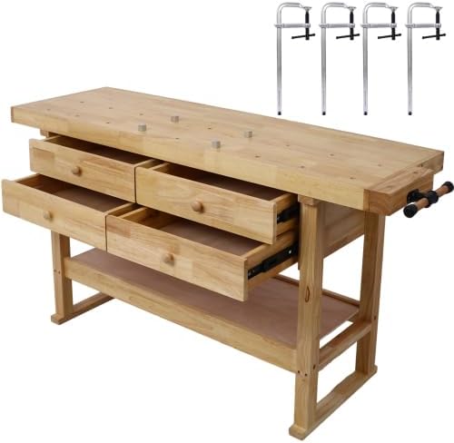 【LuckyNote】 60in Workbench with 4 Drawers Wooden Workbench for Garage Workshop and Home, with Bar Clamps Set (12 inch x 3inch Throat,Pack of 4) The Package Will be Shipped in Two Separate parcels