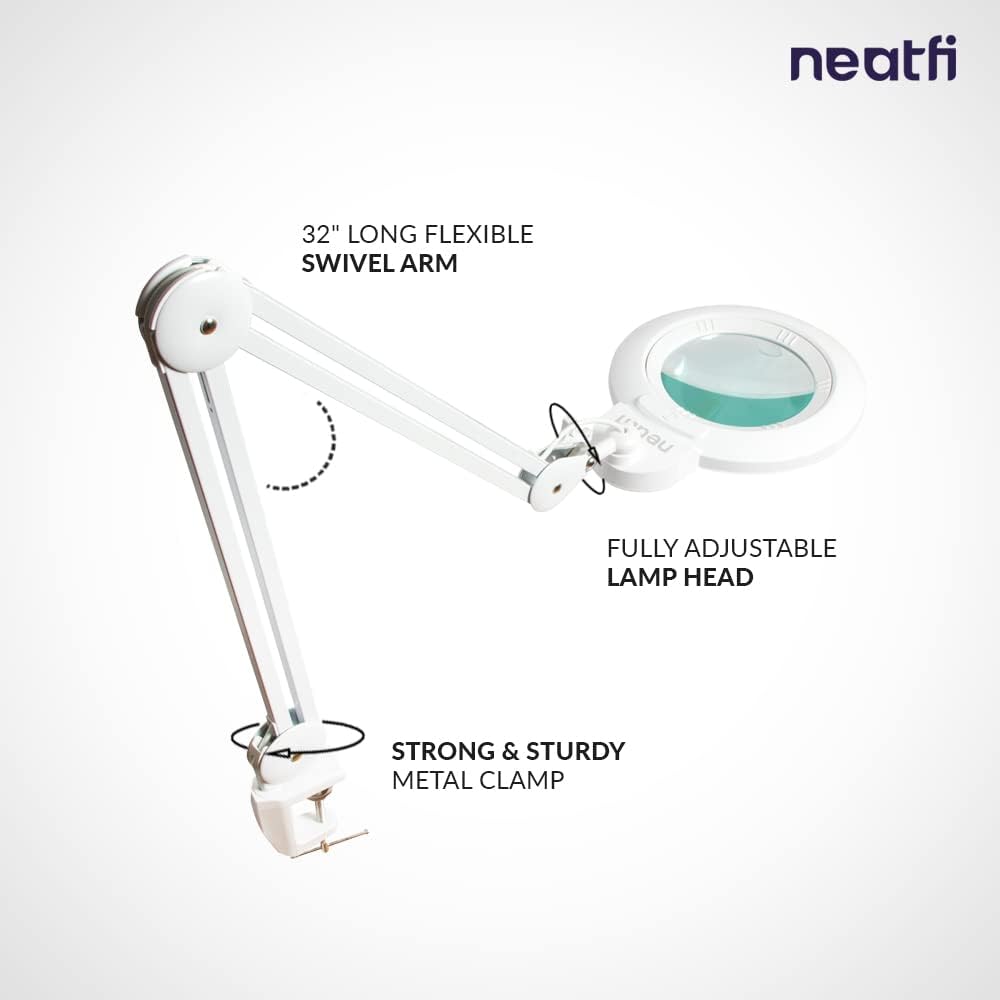 Neatfi XL Bifocal LED Magnifying Lamp, 7' Acrylic Lens, 2.25X/6X, 1,600 Lumens Dimmable | 3 Light Modes, Adjustable Arm & Clamp | Reading, Crafting & Jewelry (White, 7-inch Lens, CCT with Clamp)