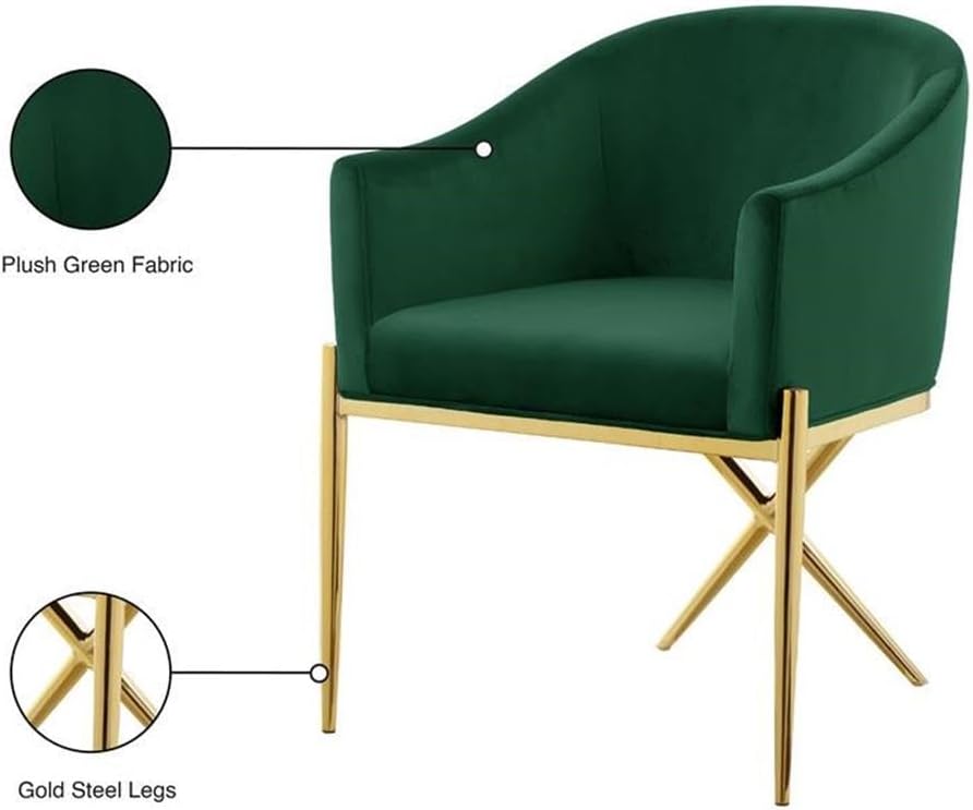 Meridian Furniture Xavier Collection Modern | Contemporary Velvet Upholstered Dining Chair with Sturdy Steel X Shaped Legs, 25.5' W x 24.5' D x 31.5' H, Green