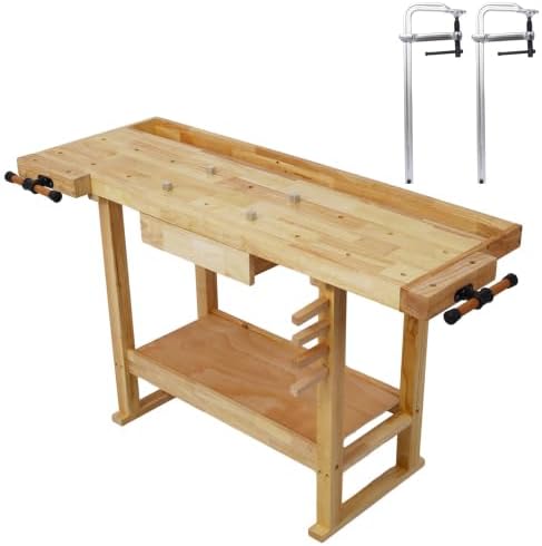 【LuckyNote】 55-Inch Wood Workbench - Wooden Workbench for Garage Workshop and Home,with Bar Clamps Set (16 inch x 4-3/4 inch Throat,Pack of 2) The Package Will be Shipped in Two Separate parcels