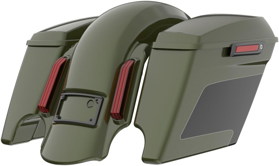 Advanblack Color Matched Stretched Bags, Lids Black Latch Hardware for '23-'24 Harley Touring CVO & 2024 Street Glide, Road Glide (Olive Steel Metallic & Vivid Black)