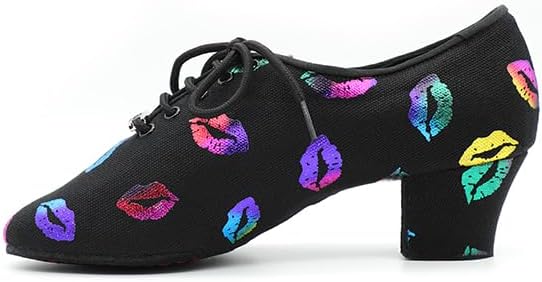 Women's Latin Dance Shoes Jazz Salsa Performance Oxford with Colorful Lip Print Pattern Professional Ballroom Dancing #T1-B