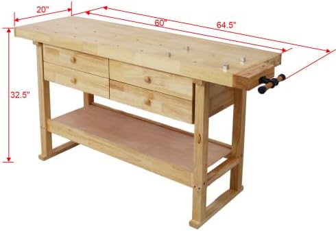【LuckyNote】60in Workbench with 4 Drawers Wooden Workbench for Garage Workshop and Home, with Bar Clamps Set (16 inch x 4-3/4 inch Throat,Pack of 2)The package will be shipped in two separate parcels