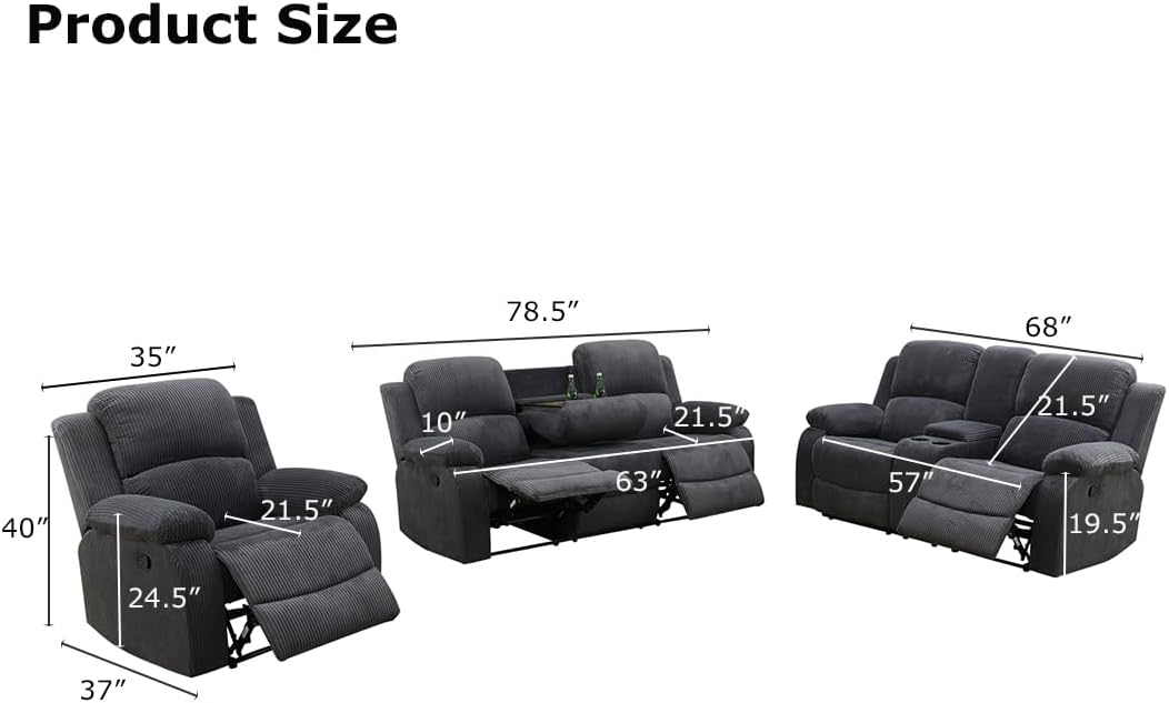 Living Room Furniture Set, Manual Reclining Sofa Set, Dark Grey Corduroy Recliner Couch Sets with Drop-Down Table, Recliner Sofa with Storage Console/Cup Holder for Living Room/Apartment