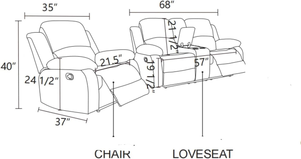 Manual Leather Recliner Sofa Set, Adjustable Backrest Reclining Loveseat Sofa & Recliner Chair with Storage Console & Cup Holders, for House, Home Theater, Ginger