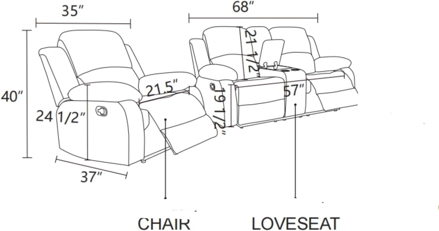 Manual Leather Recliner Sofa Set, Adjustable Backrest Reclining Loveseat Sofa & Recliner Chair with Storage Console & Cup Holders, for House, Home Theater, Ginger