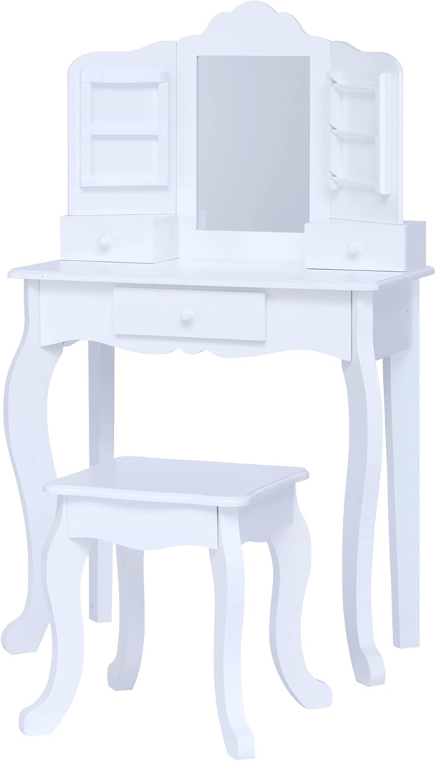 Teamson Kids White Wooden Vanity Table and Stool Set for Girls with Mirror Drawers Jewelry Storage Elegant Play Furniture for Bedroom or Playroom Ages 3+